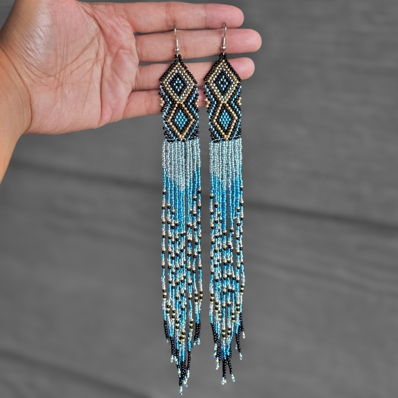 Blue Southwestern Long Beaded Fringe Boho Earrings Handmade Boheme XL - Picture 3 of 3